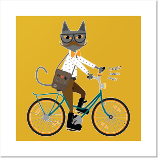 hipster cat on a bicycle Posters and Art